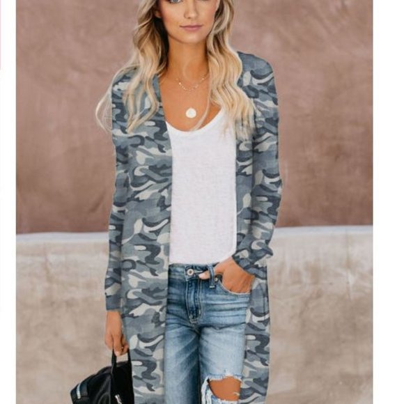 Gray Camo Print Long Cardigan - Picture 1 of 2
